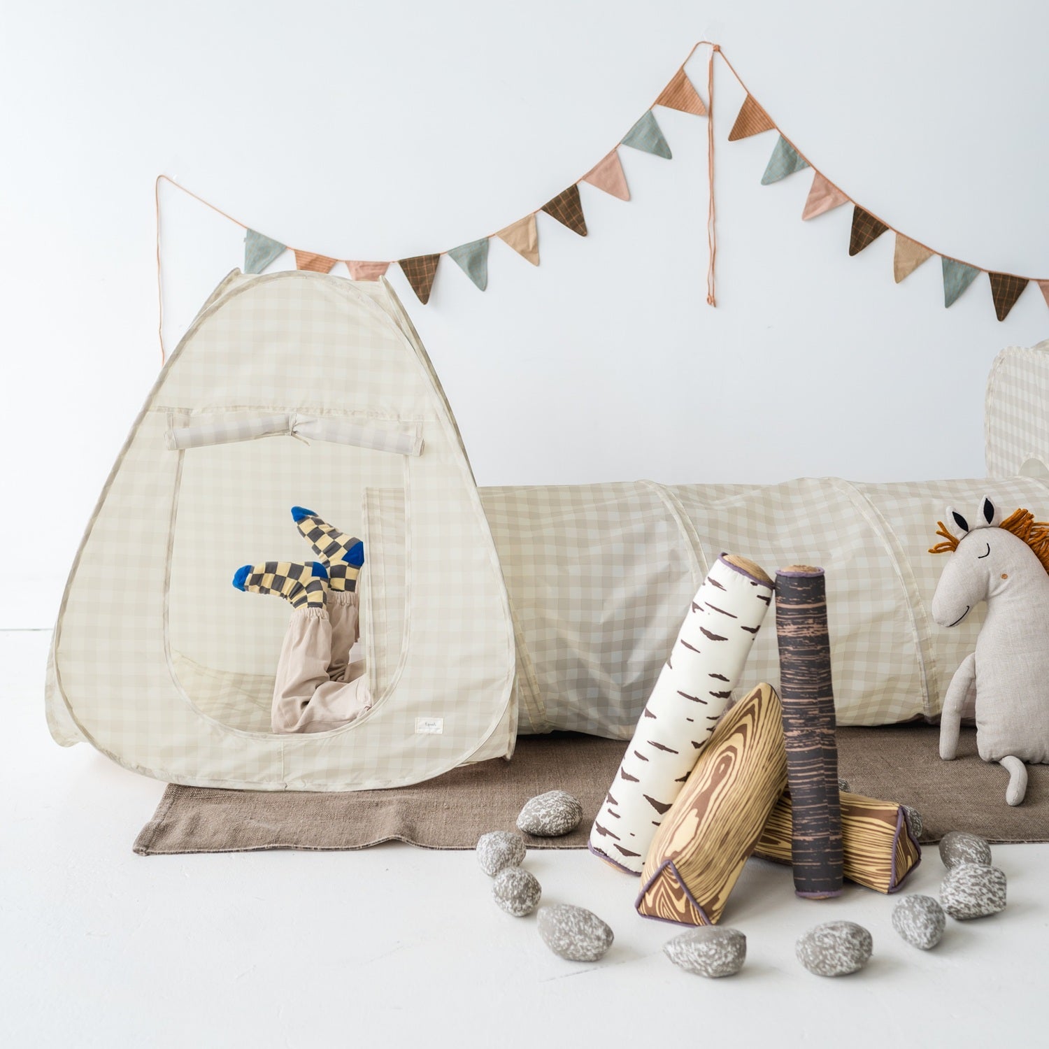 3-sprouts-tente-et-tunnel-de-jeu-3-en-1-beige-vichy-en-tissu-recycl image 4